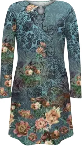 Vista 4 de Cafuvv Vestidos cóctel florales Mujer Manga Larga Tie Dye Vestido diario Vestido hueco Cuello Swing dobladillo Cortos