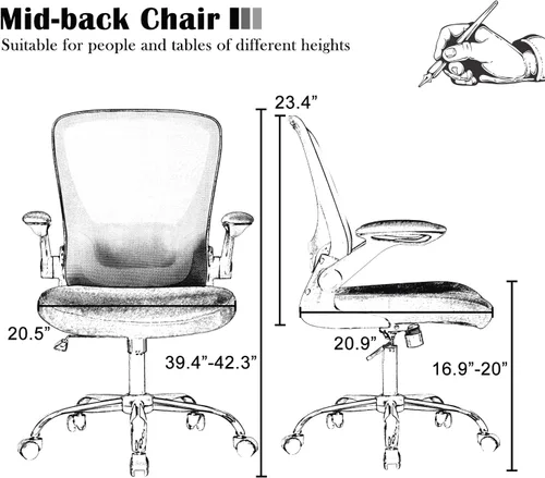 Vista 2 de Silla de oficina en casa, silla de escritorio ergonómica, silla de computadora de malla con brazos abatibles, altura ajustable, respaldo medio
