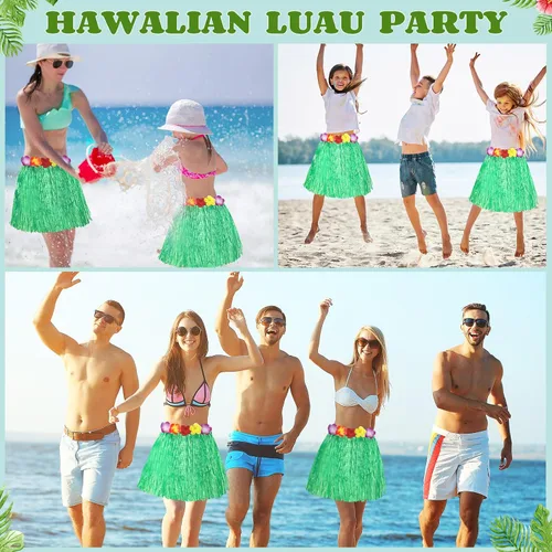 Vista 6 de Shappy 12 piezas hawaiano Luau Hibiscus verde seda imitación flores hula hierba hula falda para fiesta de disfraces, cumpleaños, celebración (verde)
