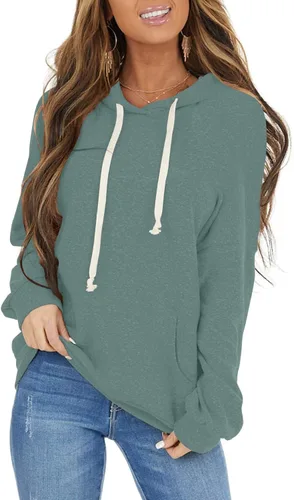 Vista 10 de Sudaderas con capucha casuales para mujer, ligeras, de manga larga, blancas, con cordón, sudaderas holgadas con bolsillo Carbón