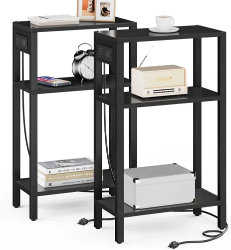 Vista 20 de TUTOTAK - Mesa auxiliar pequeña con estación de carga; mesa lateral estrecha con puertos USB y tomas de corriente; mesa de sofá delgada; mesita