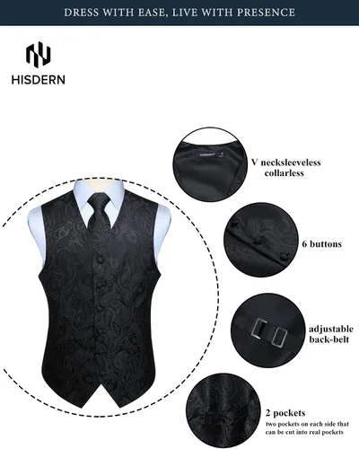 Vista 5 de HISDERN Conjunto de 3 piezas de chaleco formal para hombre, chaleco formal de cachemira floral jacquard corbata bolsillo cuadrado chalecos