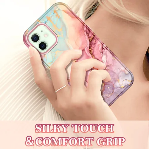 Vista 7 de Btscase para iPhone 12/iPhone 12 Pro, funda resistente de tres capas de mármol a prueba de golpes, cuerpo completo, PC duro + parachoques de TPU