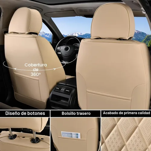 Vista 2 de Coverado Fundas de Asientos Delanteros, Funda de Asiento de Cuero Sintético de Lujo Impermeable, Protector de Asiento de Coche Beige, Funda