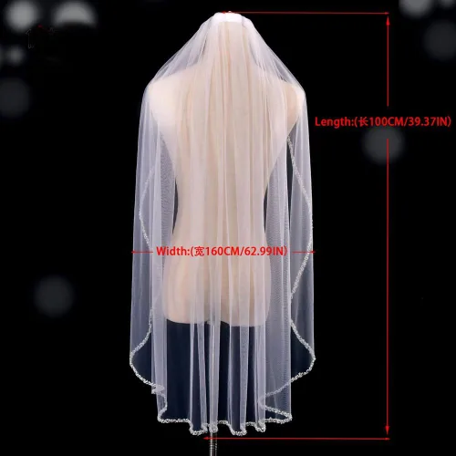 Vista 4 de Wedding Bride Veil 1 Tier Fingertip Length Pearls Crystal Beaded Edge Tulle for Bridal Veils with Comb