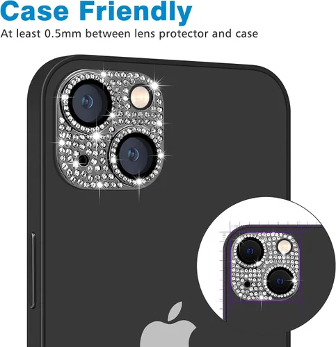Vista 4 de Protector de lente de cámara para iPhone 13 & iPhone 13 Mini, brillante con diamantes de imitación 3D con purpurina, cubierta de cámara de vidrio
