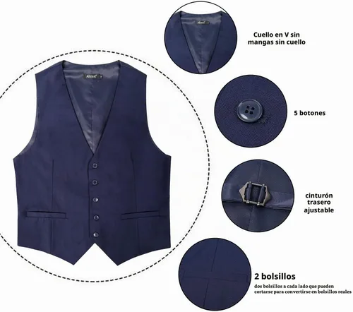 Vista 4 de Alizeal Chaleco de Traje de Negocios Clásico de Color Sólido para Hombre de Ajuste Regular Chaleco de Esmoquin para Boda Azul marino