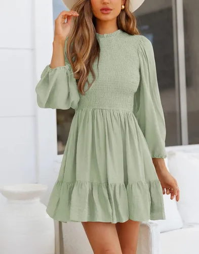 Vista 2 de Merzhiiry Vestido corto de verano con cuello cuadrado y manga abombada fruncida para mujer con volantes con vuelo acampanado estilo casual