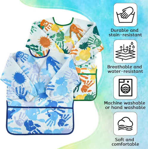 Vista 3 de 2 piezas de delantal de arte para niños, delantal de pintura para niños pequeños de manga larga con 3 bolsillos para actividades de pintura