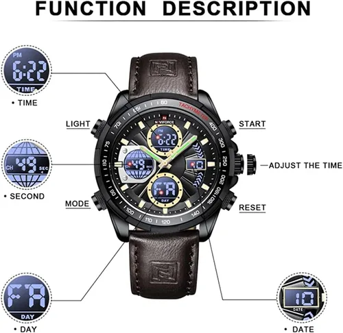 Vista 15 de NAVIFORCE Relojes digitales militares para hombre, reloj analógico de cuarzo, resistente al agua, reloj deportivo multifuncional de cuero