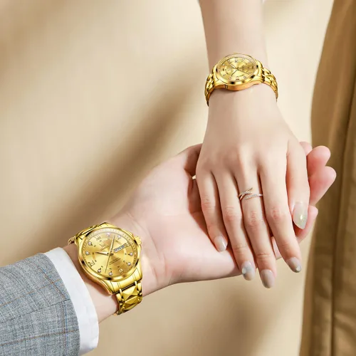 Vista 36 de OLEVS Reloj para parejas para él y ella, reloj analógico de cuarzo para hombres y mujeres, de acero inoxidable, impermeable, luminoso, fecha, reloj
