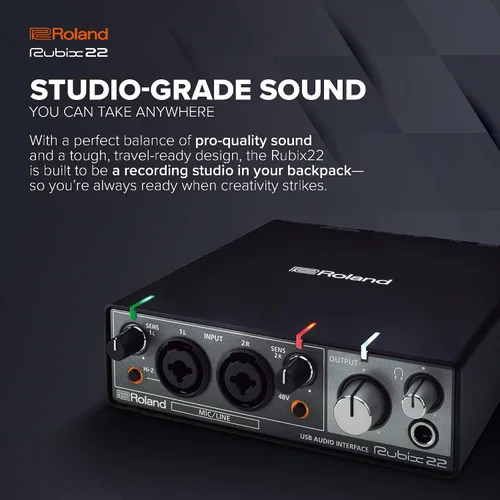 Vista 3 de Roland Rubix22 - Interfaz de audio USB de 2 entradas/2 salidas Audio de alta resolución Graba con micrófonos, guitarras, teclados y más