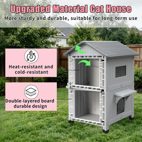 Vista 5 de Casa de plástico para gatos al aire libre – Casa para gatos para exteriores con forro aislante para invierno, 100% resistente a la intemperie