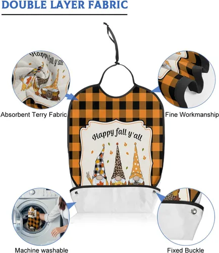 Vista 5 de QueenKer Funny Adult Bibs for Eating, Happy Fall Y'All Gnome Orange Black Plaid Waterproof Clothing Protector Washable Adult Bib with Crumb Catcher