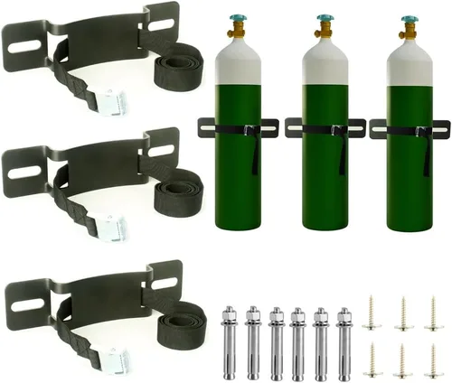 Vista 9 de Soporte de pared cilíndrica, soporte para cilindro de gas, soporte de tanque de propano con tornillos y cinturón de seguridad (negro 1)