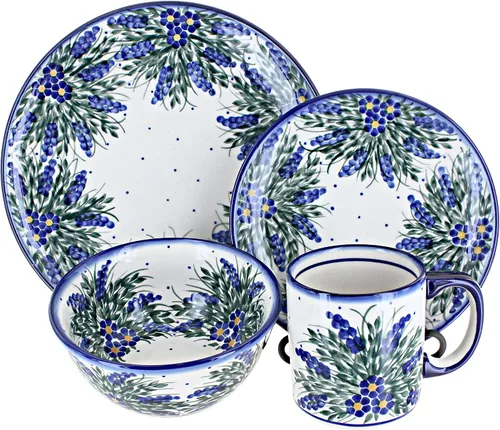 Vista 7 de Blue Rose Polish Pottery - Juego de vajilla de 16 piezas de piña marrón, 4 lugares, juego de vajilla de cerámica, regalo único de Navidad y vajilla