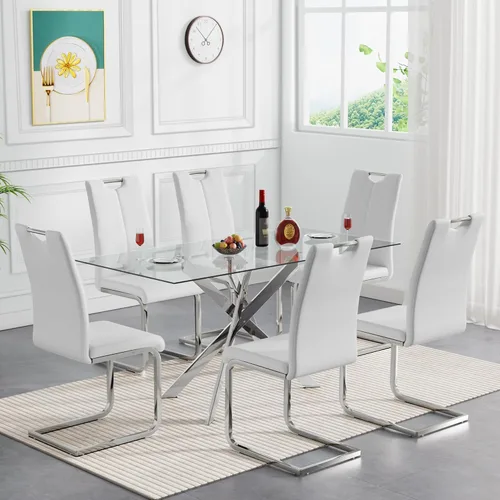 Vista 14 de Juego de mesa de comedor de cristal de 5 piezas para 4, moderno juego de mesa de cocina rectangular de vidrio templado transparente de 51.18