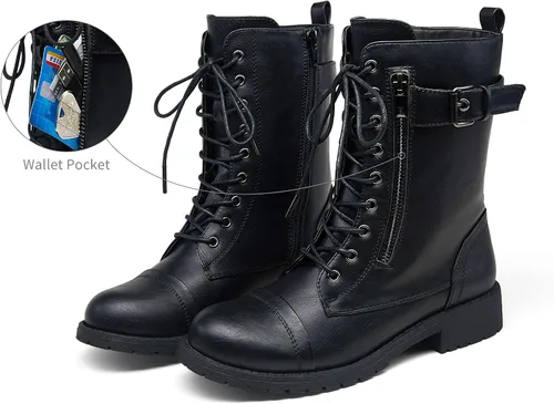Vista 5 de Vepose Botas de combate militares de 28 a media pantorrilla para mujer con bolsillo tipo billetera para cuchillo de tarjetas