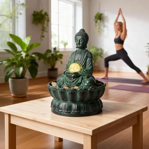 Vista 3 de Fuente de mesa interior Buda exquisita estatua de meditación sentada, fuente de agua de escritorio, fuente zen decorativa con bola rodante