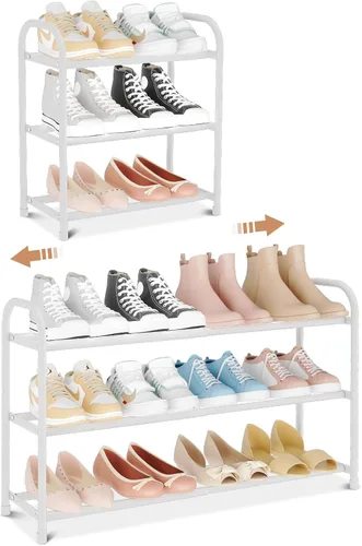 Vista 10 de Zapatero expandible para armario, zapatero de metal de 18 a 32 pulgadas para entrada, 3 niveles de ancho ajustable, estante de zapatos de pie Negro