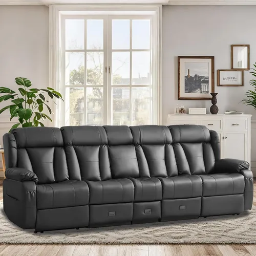 Vista 2 de Sofá biplaza reclinable manual de 110 pulgadas, sillón reclinable de 4 asientos con consola, mesa plegable y salidas integradas, sofá reclinable