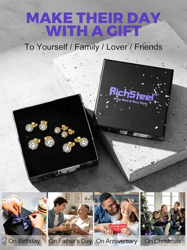Vista 7 de Richsteel Aretes de circonita cúbica para hombre, postes de plata de ley Dorado Plateado