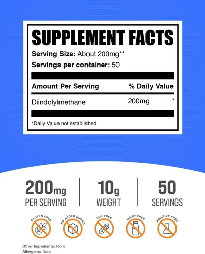 Vista 2 de BulkSupplements. com DIM Powder - Polvo de diindolilmetano, suplemento DIM para hombres y mujeres, sin sabor y sin gluten, 200 mg por porción, 10 g