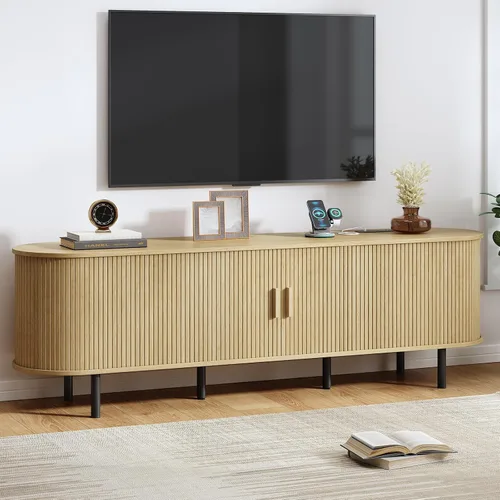 Vista 8 de Soporte de TV de 55 pulgadas con toma de corriente, consola multimedia moderna con puertas correderas, centro de entretenimiento para televisores