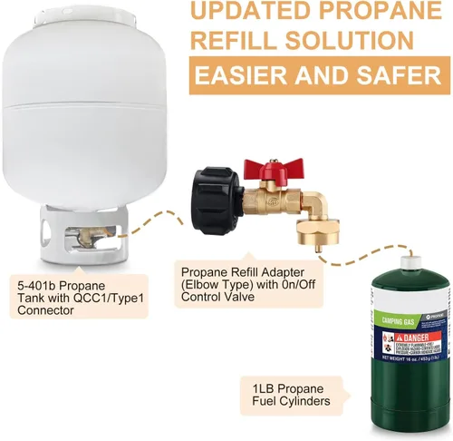 Vista 4 de WADEO Adaptador de recarga de propano, adaptador de tanque de propano con válvula de control de encendido/apagado para tanques de 1 libra, llena