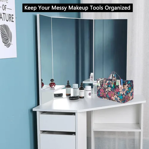 Vista 7 de Micom Organizador de cosméticos extensible, con estampado, asas, 13 bolsillos, para cartera de mujer, L, Azul (Blue Flower)