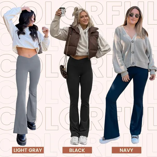 Vista 3 de QGGQDD Leggings negros acampanados para mujer, pantalones de yoga cruzados con bolsillos, leggings de cintura alta con corte de bota