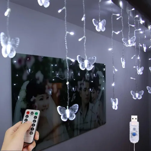 Vista 12 de Butterfly Curtain Lights 13ft 96 LED Twinkle Fairy Lights 8 Modes String Lights with Remote, Butterfly Hanging Decoration for Bedroom Dorm Wall