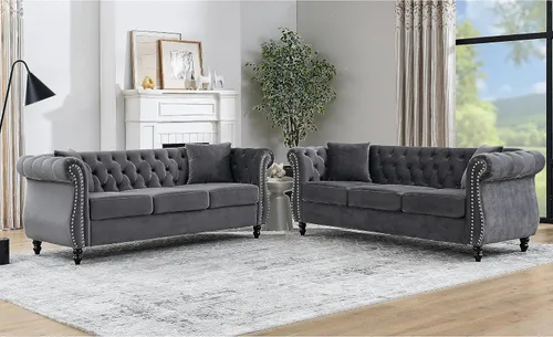 Vista 20 de Juego de Sofá Combinado de Terciopelo Chesterfield de 2 Piezas para Sala de Estar, Sofá de 3 Plazas y Loveseat con Tapizado Capitoné con 4