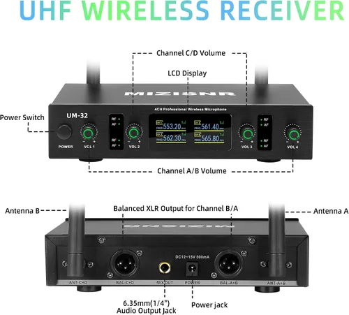 Vista 5 de Sistema de micrófono inalámbrico de solapa con auriculares y micrófonos de solapa, receptor de metal UHF de 4 canales con 2 micrófonos de mano y 2