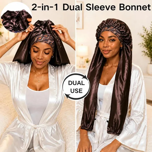 Vista 3 de Isshin Beauty Gorro de satén para mujeres durmientes: doble manga 2 en 1, protector de pelo largo antiencrespamiento Negro y café