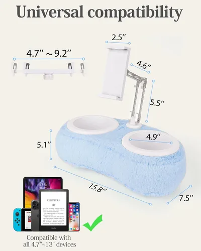 Vista 6 de SHUWEI Almohada para Kindle de regazo, soporte ajustable de aluminio con brazos y cuencos para aperitivos, clip giratorio de 360° para Kindle