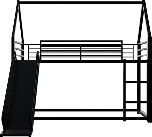 Vista 8 de Litera de cama individual sobre individual con tobogán, marco de cama en forma de casa con escalera, estructura de cama baja de servicio pesado