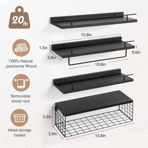 Vista 3 de SALA Juego de 4 estantes de baño para montar en la pared, estantes flotantes sobre papel higiénico con toallero, estantes de pared de madera