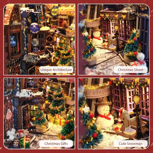 Vista 5 de Rincón de Navidad para Libros, Kit de Casa de Muñecas DIY para Adultos, Estantería con Luces LED, Rompecabezas 3D de Madera, Kits de Miniaturas
