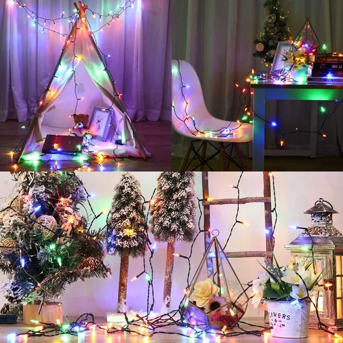 Vista 2 de BrizLabs Luces de Navidad multicolor, paquete de 2 tiras de 50 luces LED de Navidad de 17.94 pies, luz de árbol de Navidad con batería