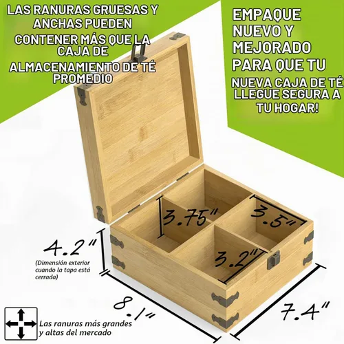 Vista 4 de Caja Organizadora de Té de Bambú Sin Químicos Ecológica Grande, Alta, Compartimentos Ajustables Baúl de Almacenamiento de Madera Natural