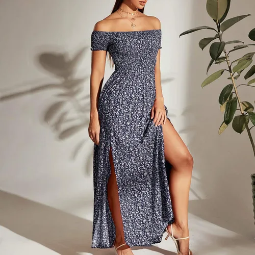 Vista 2 de Vestido largo de verano para mujer, con hombros descubiertos, con abertura, bohemio, floral, cintura imperio, vestido largo para fiesta de playa
