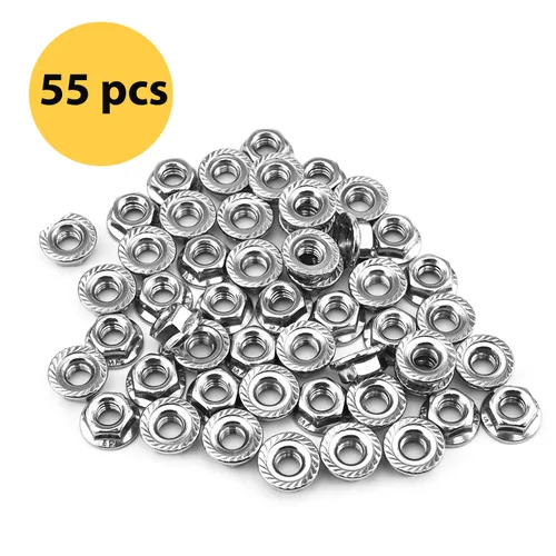 Vista 3 de Paquete de 55 tuercas hexagonales de brida dentada M6, tuercas de brida hexagonales M6-1mm, acero inoxidable 304, sujetadores de tuercas métricas