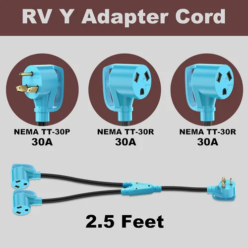 Vista 2 de CircleCord Cable adaptador en Y para caravana de 30 amperios a dos 30 amperios, enchufe macho NEMA TT-30P a hembra TT-30R con mango de agarre, STW