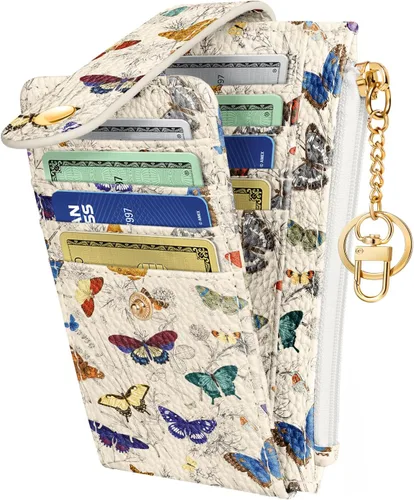 Vista 10 de Cartera delgada pequeña para tarjetas para mujeres – Linda cartera con llavero con bloqueo RFID que sostiene 7 tarjetas, diseño de moda de cuero