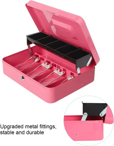 Vista 6 de Caja de dinero grande con bandeja de dinero y cerradura, caja de dinero de metal para efectivo, caja de seguridad de 11.8 x 9.5 x 3.54 pulgadas, rosa