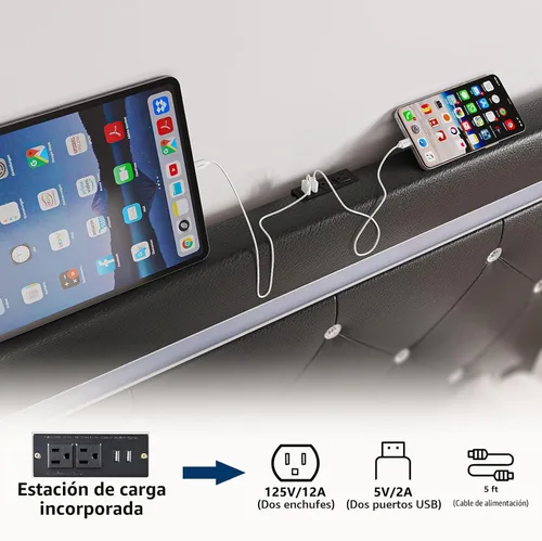 Vista 4 de Benevika Base de cama de tamaño completo con 4 cajones y estación de carga, cama tapizada de cuero PU con cabecera LED ajustable, soporte de Negro