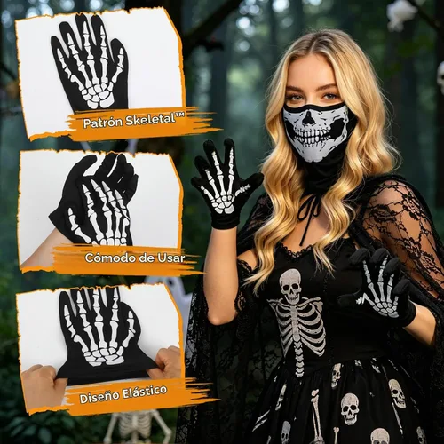 Vista 4 de Juego de guantes de esqueleto y máscara de calavera de Halloween