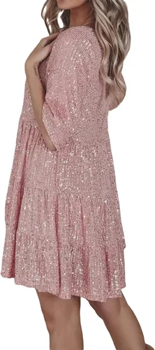Vista 5 de Vestido de lentejuelas brillantes para mujer, cuello redondo, manga corta, color sólido, suelto, con purpurina, vestido de muñeca de bebé, fiesta