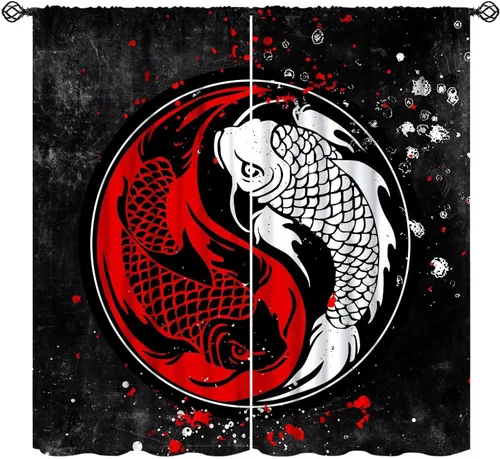 Vista 2 de Koi Fish - Cortinas opacas para cocina, estilo japonés, románticas, con estampado de flores de cerezo, con bolsillo para cortinero, cortinas opacas